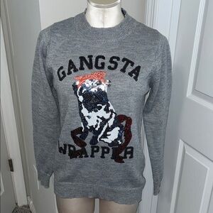 Gray Gangsta Wrapper with Pug sequin graphic Sweater